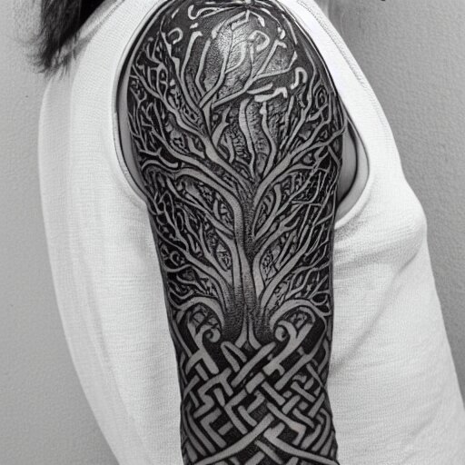 photograph of a sleeve tattoo, black ink, intricate celtic pattern with tree of life, highly-detailed, beautiful, award winning, 8k