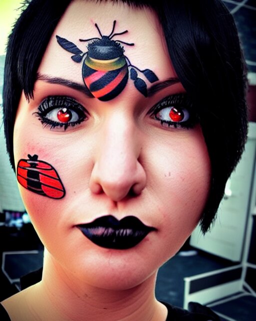 a tattoo of bee movie on the face of a woman with crimson - black hair, cute crimson - black bee - themed outfit, cinematic lighting, beautiful composition 