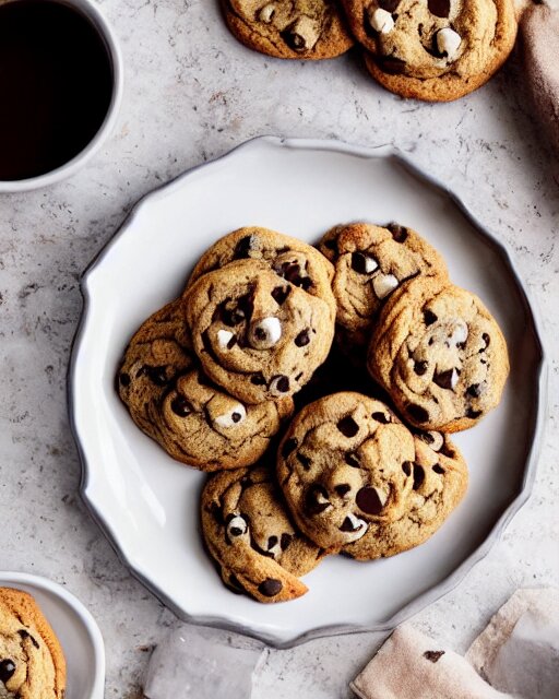 plate full of several freshly baked chocolate chip cookies, delicious, glistening, chocolate sauce, marshmallows, highly detailed, food photography, art by rembrandt 