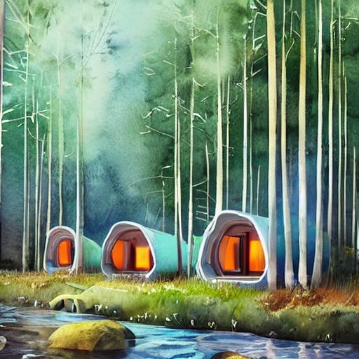 beautiful happy picturesque charming organic sci - fi town with pod homes integrated in a forest area. water and trees. beautiful light. soft colour scheme. beautiful artistic detailed watercolor by lurid. ( 2 0 2 2 ) 