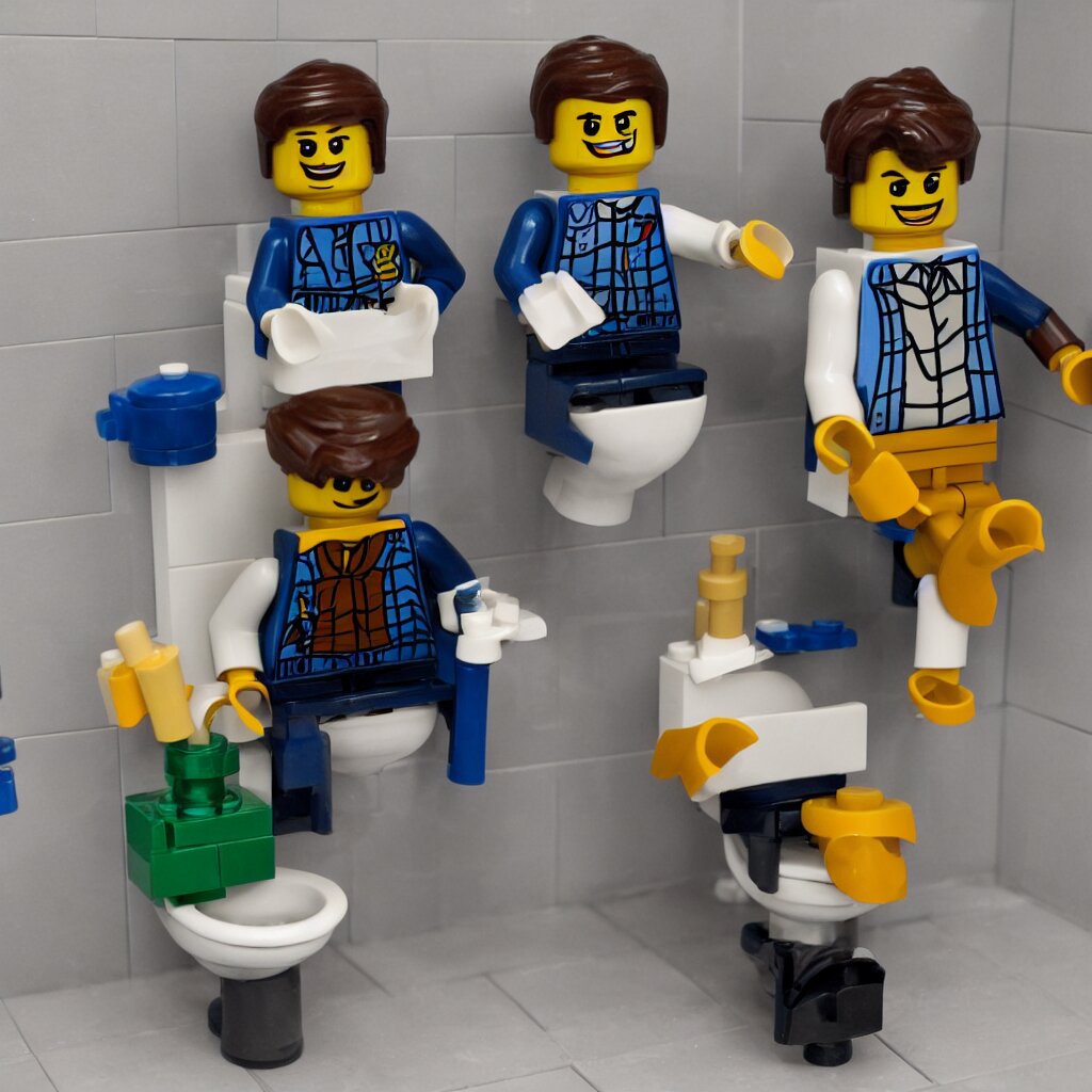 a lego figure of a man, sitting on a toilet with his pants down. there is a stream of lego bricks coming out of his behind 