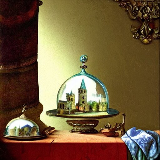 still life painting of a miniature tabletop castle under a glass dome, by paulette tavormina and vermeer, intense pastel colors, hyper realistic, detailed, beautiful bright lighting 