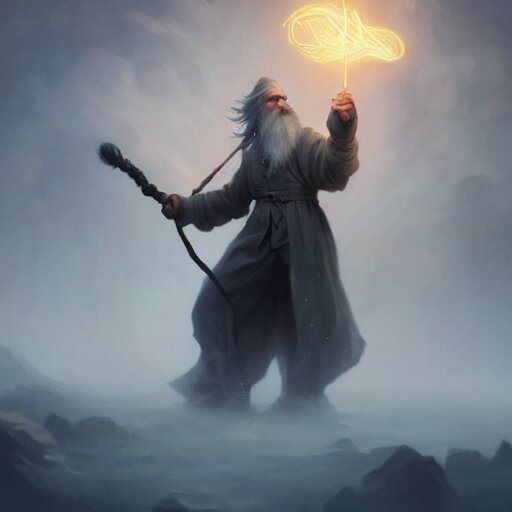 cinematic shot epic portrait an wizard with gray hair and long beard casting a spell with a magic wand, glowing, magic, broad light, ambient occlusion, volumetric light effect, made by ivan aivazovsky, peter mohrbacher, greg rutkowski, matte painting, trending on artstation, 4 k, perfectly defined features, digital painting, cinematic, epic, highly detailed, 