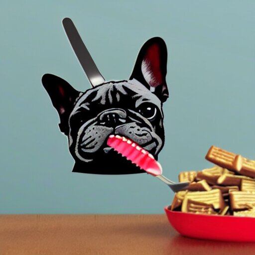 sticker art of a french bulldog in a suit eating a candy bar with a fork and knife at a fancy restaurant by ed roth 