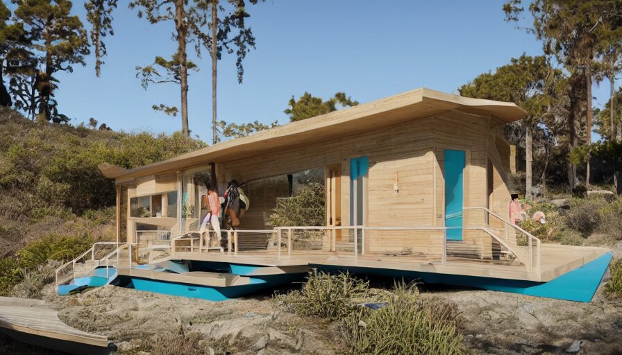 An architectural rending of an eco-community neighborhood of innovative contemporary 3D printed sea ranch style cabins with rounded corners and angles, beveled edges, made of cement and concrete, organic architecture, on the California coastline with side walks, parks and public space , Designed by Gucci and Wes Anderson, golden hour