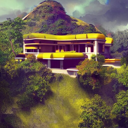 modernist house inspired by a tibetan palace on a hill, big green trees, colorful clouds, dramatic lighting, artstation, matte painting, raphael lacoste, simon stalenhag, frank lloyd wright, zaha hadid 