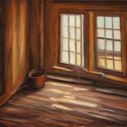 oil painting of mostly empty cottage interior, one small window with sunlight shining onto the floor. artistic. cozy. wooden floor. rustic. 