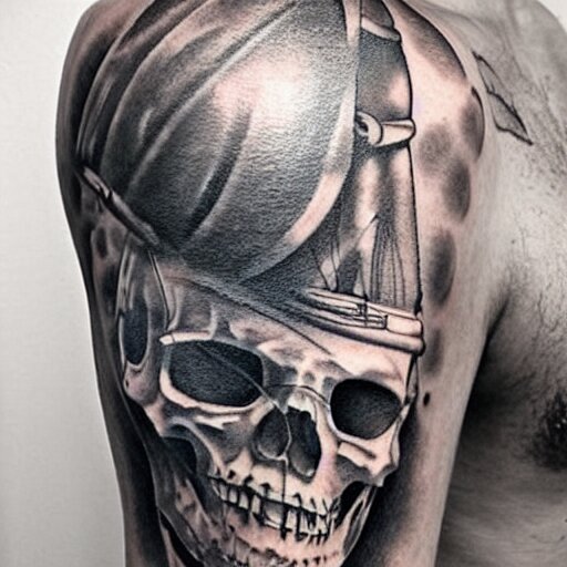 realism tattoo design of a pirate ship, by Matteo Pasqualin tattoo artist, on white paper