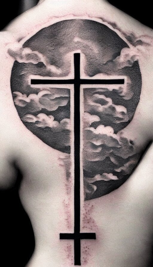 tattoo art, gothic cross with a sky background, white and black 