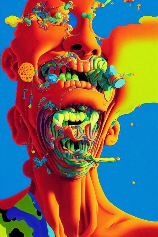 a colorful vibrant closeup portrait of Aerosmith licking a tab of LSD acid on his tongue and dreaming psychedelic hallucinations, by kawase hasui, moebius, Edward Hopper and James Gilleard, Zdzislaw Beksinski, Steven Outram colorful flat surreal design, hd, 8k, artstation