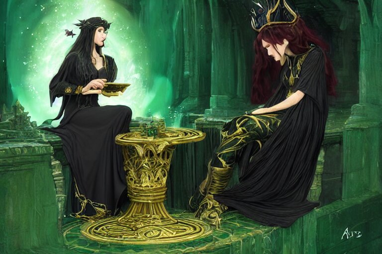 a beautiful sorceress wearing a black robe with gold embroidery, sitting at table, casting a spell, green glows, painted by artgerm and john williams waterhouse, in the style of magic the gathering, highly detailed digital art 