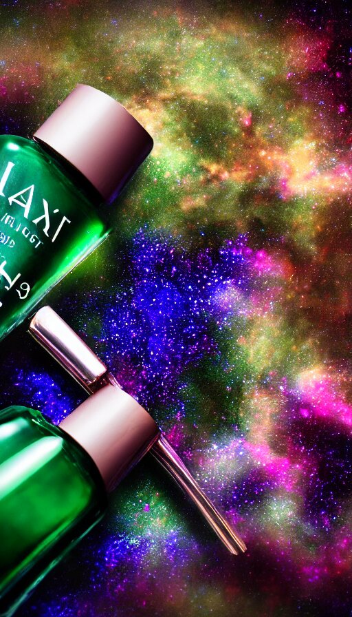 a beautiful bottle of nail polish filled with forest green small galaxy's and nebulas and blue sparkles, insane, intricate, highly detailed, Zeiss Lens, smooth, sharp focus, Unreal Engine 5, Octane Render, Redshift, 8K