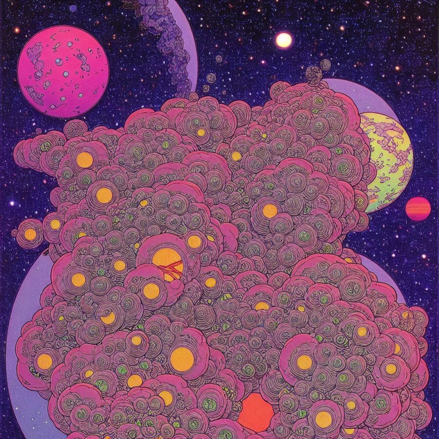 ( ( ( ( beautiful flowers and gas cloud in a strange planet ) ) ) ) by mœbius!!!!!!!!!!!!!!!!!!!!!!!!!!!, overdetailed art, colorful, artistic record jacket design 