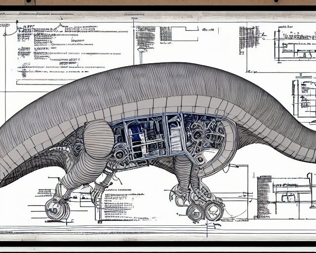 a full page of a mechanical blueprint showing a cutaway design for a mechanized brontosaurus from howl's moving castle ( 2 0 0 4 ), with people inside piloting it, muted colors, post grunge, studio ghibli, hq, 