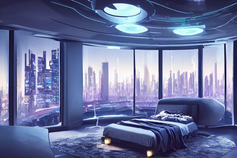 a futuristic sparse bedroom with large curved ceiling high windows looking out to a far future cyberpunk cityscape, flying drones outside, night time, cyberpunk neon lights, raining