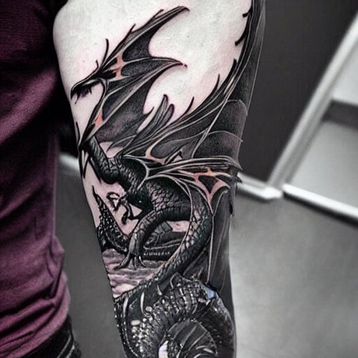 dark and vibrant fantasy dragon!!! drake wyvern, black and emerald dragon!!, forearm tattoo