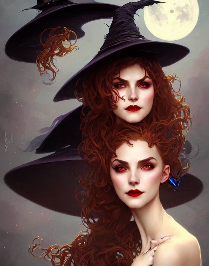 halloween witch woman in a hat smiles, fantasy magic, undercut hairstyle, dark light night, intricate, elegant, sharp focus, illustration, highly detailed, digital painting, concept art, matte, art by wlop and artgerm and greg rutkowski and alphonse mucha, masterpiece 