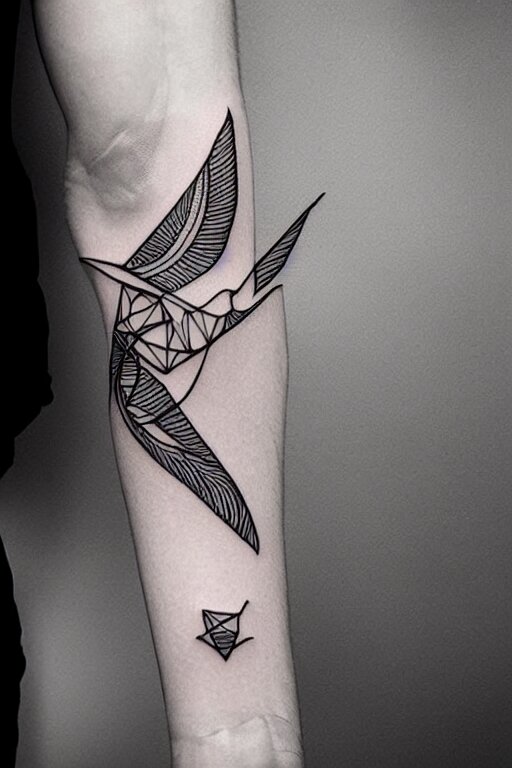 a beautiful tattoo design of minimalist flying swallows, flying into geometric spirals, black ink, abstract logo, line art 