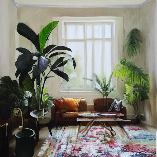 ! dream a living room with plants and speakers and a painting on the wall, a photorealistic painting by mollie forestier - walker, featured on tumblr, light and space, sanctuary, soft light, aesthetic 