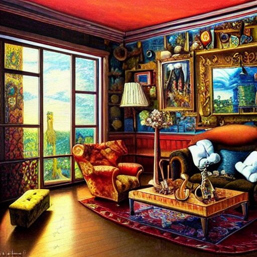 a painting of a living room filled with furniture, a surrealist painting by jacek yerka, cgsociety, fantastic realism, maximalist, surrealist, detailed painting 