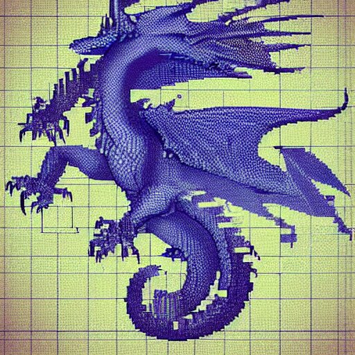 blue blueprint of a fantasy dragon pixel art 