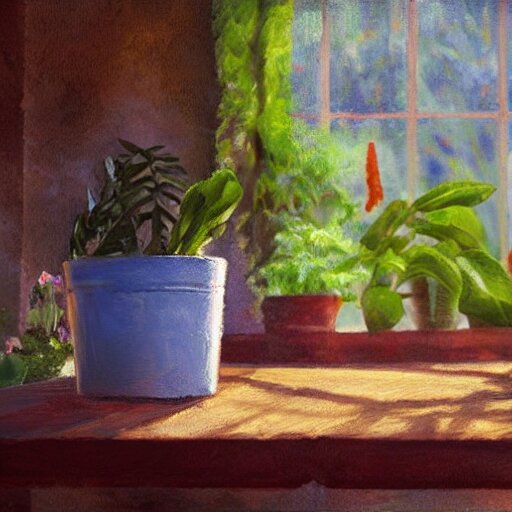 dittany in a pot, on wooden table in the ray of sunshine in greenhouse, oil painting, sharp focus, high detailed, calm, warm lighting, sparkles, digital art, concept art, by Rutkowsky,