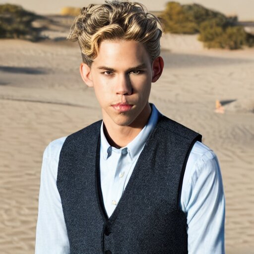 Portrait photo of adult Austin Butler with exposed dark-hair head, dressed in grey-prussian blue Tudoresque-Gigeresque casual garb, and griffin-embroidered nanocarbon-vest, in an arena in Dune 2021, XF IQ4, f/1.4, ISO 200, 1/160s, 8K