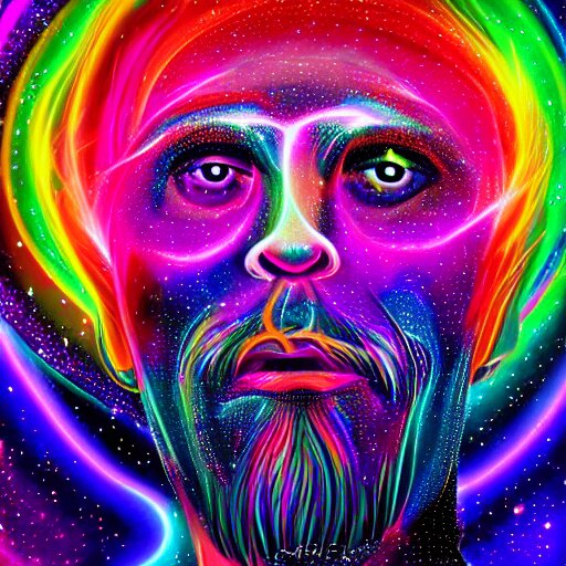 A man's soul becoming one with the galaxy by lisa frank, space, vibrant, colorful, digital art, peaceful, dmt, psychedelic,