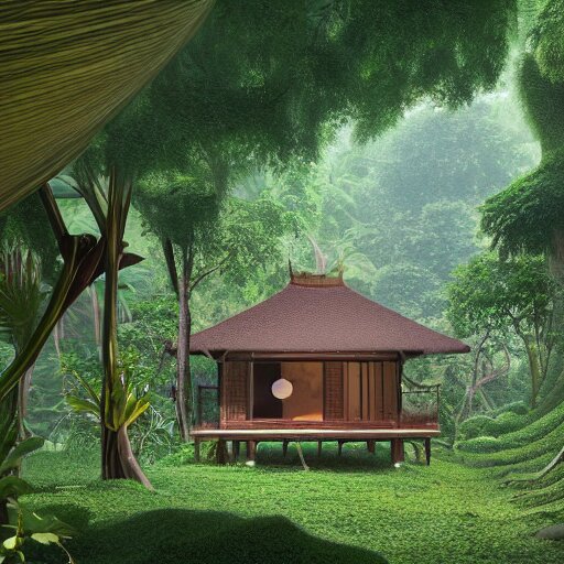 a beautiful 3d renderings of a little house in the jungle, Balinese architecture by SOM Architect, Studio Ghibli,. Architectural photography, 14mm, cinematic photography, high resolution 4k, cg architects, vray