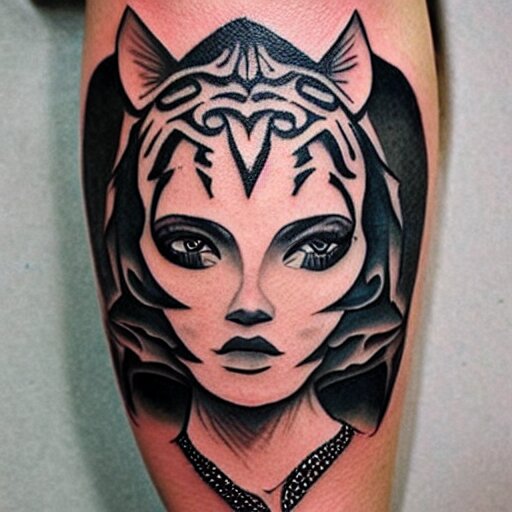 tattoo design of a beautiful girl face, the girl is wearing a tiger head hat, hyper detailed, in the design of eliot kohek 