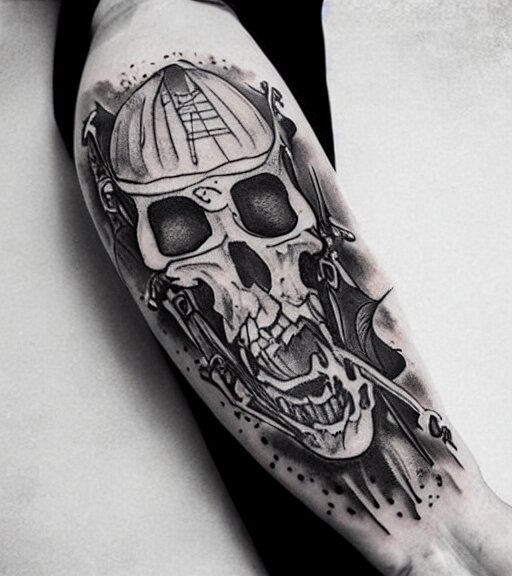 A realistic tattoo design sketch of a pirate ship, white background, black and white, highly detailed tattoo, realistic tattoo, realism tattoo, beautiful shades