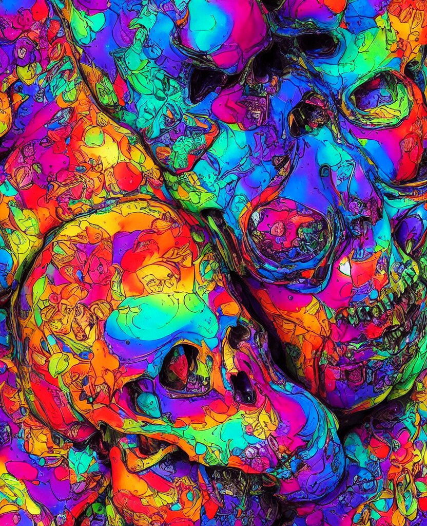 illustration of a colorfull melting human skull. flowers and blossoms, ferrofluids, burning water distortions. intricate abstract. intricate artwork. by tooth wu, wlop, beeple, dan mumford. octane render, trending on artstation, greg rutkowski very coherent symmetrical artwork. cinematic, hyper realism, high detail, octane render, 8 k, depth of field, bokeh. iridescent accents 