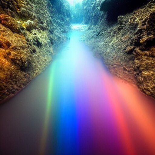 beautiful underwater river, the light refracting through the surface makes rainbow colors everywhere 