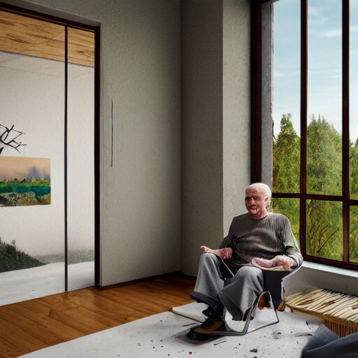 interior of brutalist style housing unit, neoplastic paintings as walls, an old person looking the forest landscape through a tall window, very detailed, octane render, hyperrealistic picture