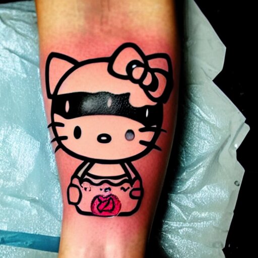 beautiful gorgeous tattoo art of hello kitty, extremely intricate, professional art, striking pose, amazing 