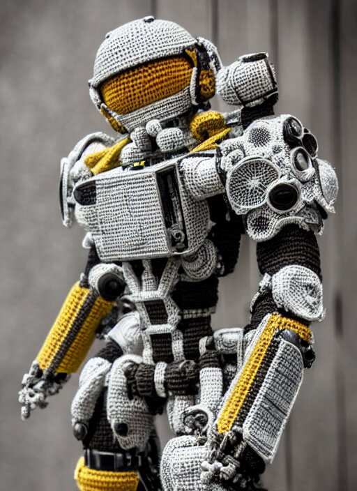 a crochet mecha, realistic, intricate, many details, no cropping, full body, Sigma 50 mm f/1.4