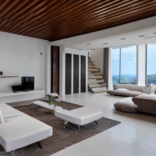 A modern living room with a beautiful white marble table between 2 white sofas ,on the left of the living room there are floor to ceiling glass window and on the right of the living room there are wooden stairs to the second floor, 8k resolution, professional interior design photograph