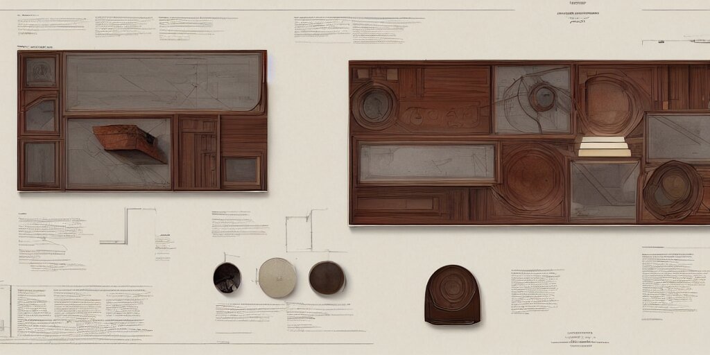 furniture design art deco, design sheet, Moebius, Greg Rutkowski, Zabrocki, Karlkka, Jayison Devadas, Phuoc Quan, trending on Artstation, 8K, ultra wide angle, zenith view, pincushion lens effect