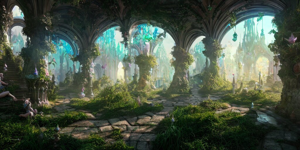 in an ethereal magical fairy city, highly detailed, 8 k, hdr, award - winning, octane render, artstation, volumetric lighting 