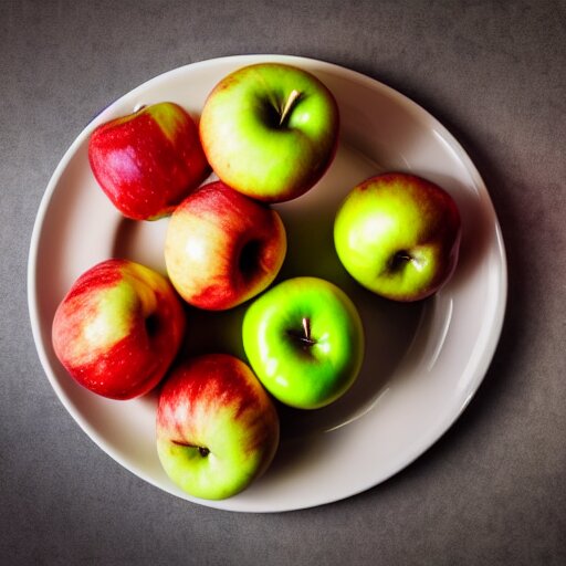 a wide angle side view realistic photo of only 3 apples on a colorful plate, award winning 