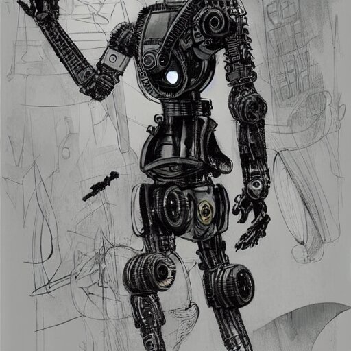 ccyborg man, thin, short hair, small scar on the chin, a robotic arm and big shoes, sophisticated clothing with some steampunk elements, gesture dynamic, organic, appealing, book cover, deep shadows, by Dave McKean sketch lineart for character design