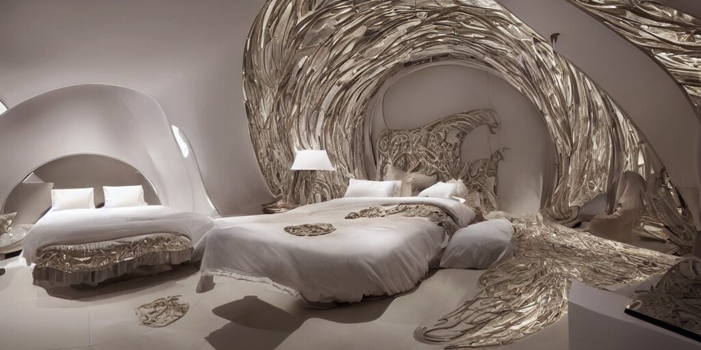 a cozy bedroom decorated by Zaha Hadid, detailed, high resolution, wow!, intricate