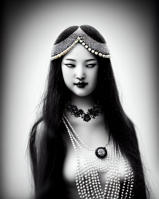 black and white dreamy young beautiful veiled female artificial intelligence, realistic pearl ornament in the face, long hair are intricate with highly detailed realistic pearls, cinematic, rim light, bokeh, photo - realistic, elegant, high detail, 8 k, masterpiece, photo taken in 1 9 3 0 