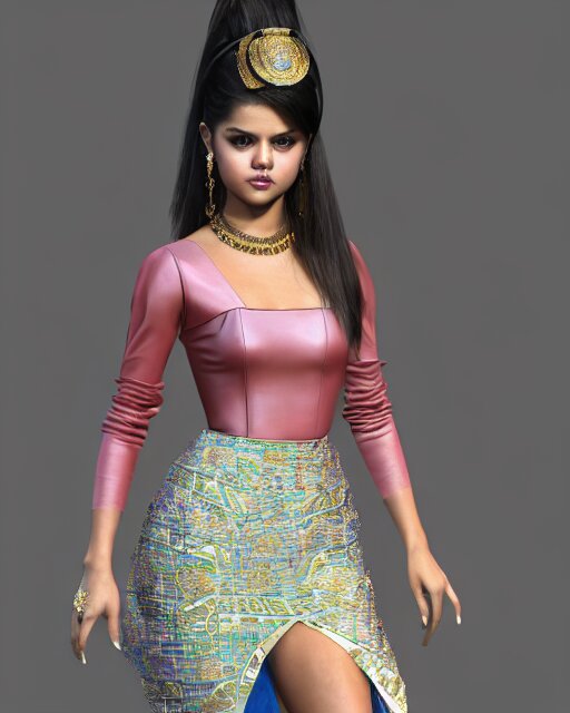 a beautiful selena gomez wearing modern stylish costume in the style of Assamese bihu mekhela sador gamosa design, commercial fashion design art by Chie Yoshii, face by artgerm and daz3d genesis iray, cinematic lighting, medium shot, mid-shot, slim female figure ramp walk model pose, highly detailed, trending on Artstation, Unreal Engine 4k, cinema 4d multi-pass ray traced, 8k fabric texture details, octane render, diffused natural skin glow