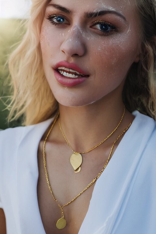 2 4 year old professional blonde female wearing white v - neck top, single gold chain necklace, neck zoomed in, photo realistic, extreme detail skin, light freckles, no filter, slr, golden hour, 4 k, high definition, photograph, selfie 