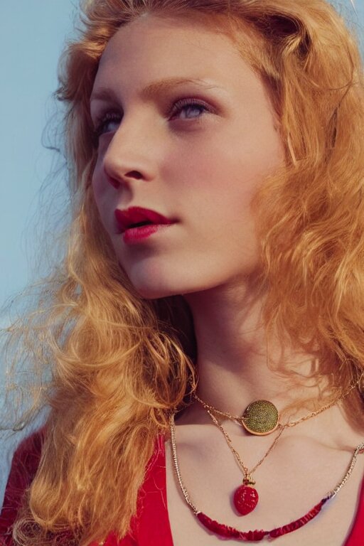 vintage photograph of an olive skinned female model with strawberry blonde hair in her twenties, her hair pinned up, wearing a designer top and one gold standard chain necklace, looking content, focused on her neck, photo realistic, extreme detail skin, natural beauty, no filter, slr, golden hour, 4 k, high definition, selfie 