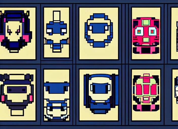 a 3 - by - 3 grid of 9 framed closeup face portraits of cute evil robots, in the style of mega man. 