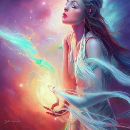 a fantastic vibrant mixed pastels 3 d painting of a somber female sorceress under a cloudy rainstorm weather, anaglyphy effect, cgsociety # conceptart cg, # oc, by vanessa lemen by charlie bowater by jeff easley by stephanie hans in deep space by ross tran by vanessa lemen by nasa hubble space telescope images 