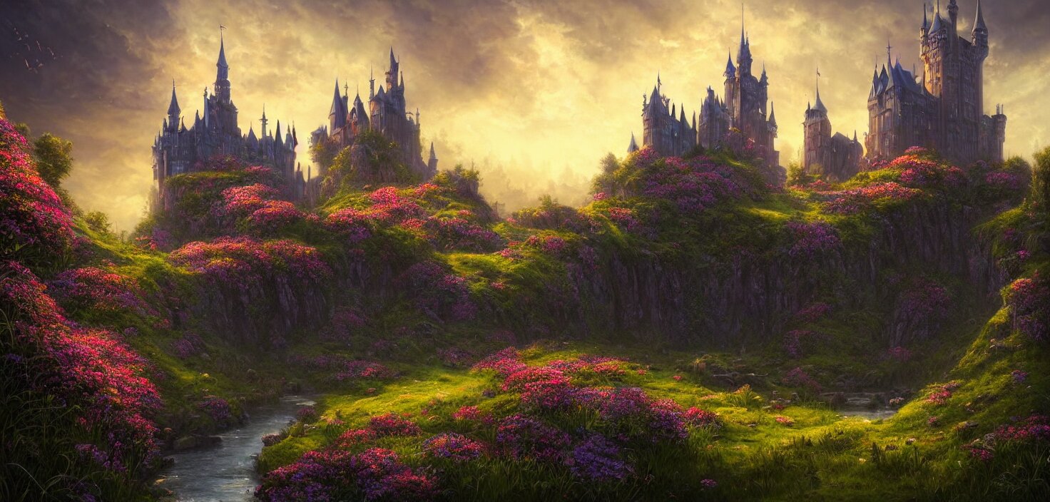 fabulous gothic castle surrounded by flowers, a castle by the river in the evening twilight, cinematic view, epic sky, detailed, concept art, low angle, high detail, warm lighting, volumetric, godrays, vivid, beautiful, trending on artstation, by jordan grimmer, huge scene, grass, art greg rutkowski 