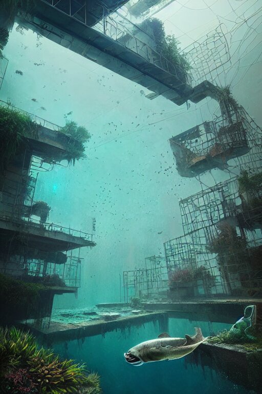 hyperrealistic precisionist cinematic underwater neo - dystopian city ruins with giant luminescent aquatic plants, digital art masterpiece, aykut aydogdu eric zener, dramatic volumetric light, long shot, low angle uhd 8 k, sharp focus 